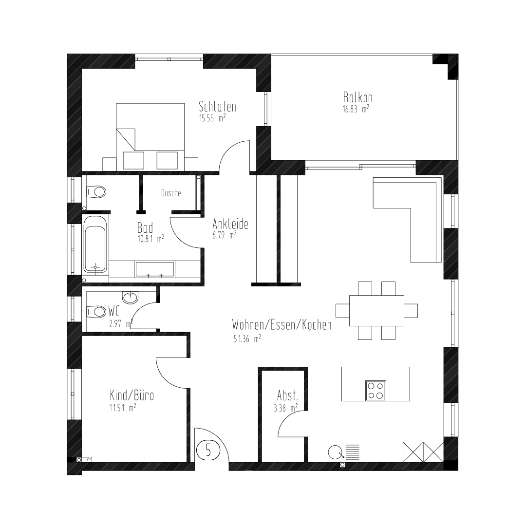 Grundriss Wohnung Haus B, drittes Obergeschoss