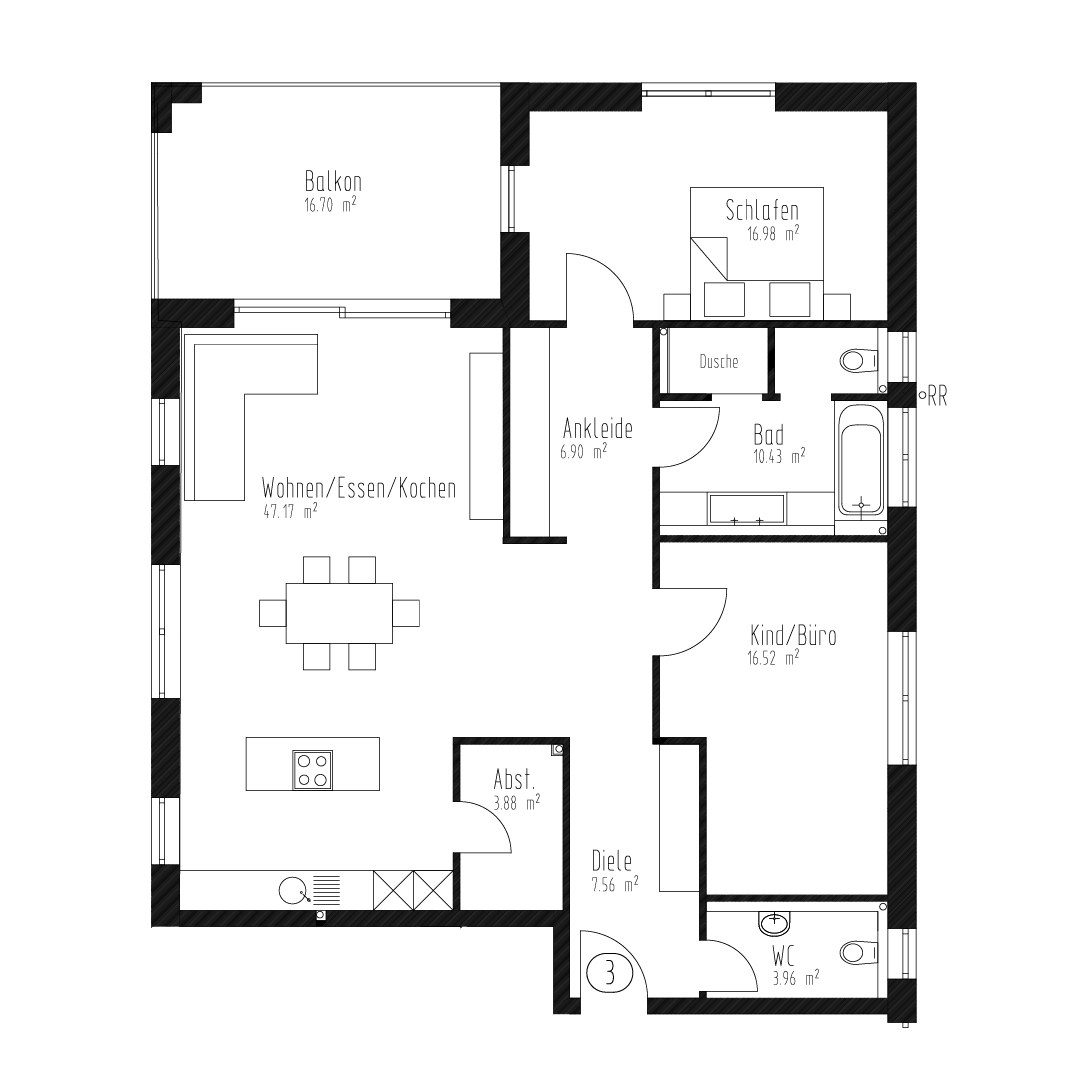 Grundriss Haus A, Zweites Obergeschoss, Wohnung 3