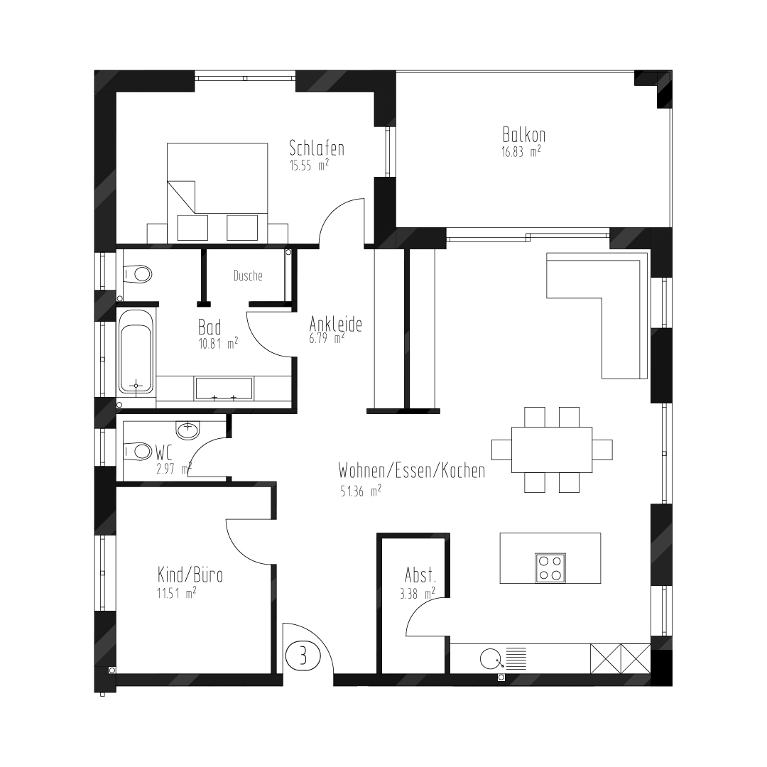 Grundriss Zweites Obergeschoss Haus B, Wohnung 3